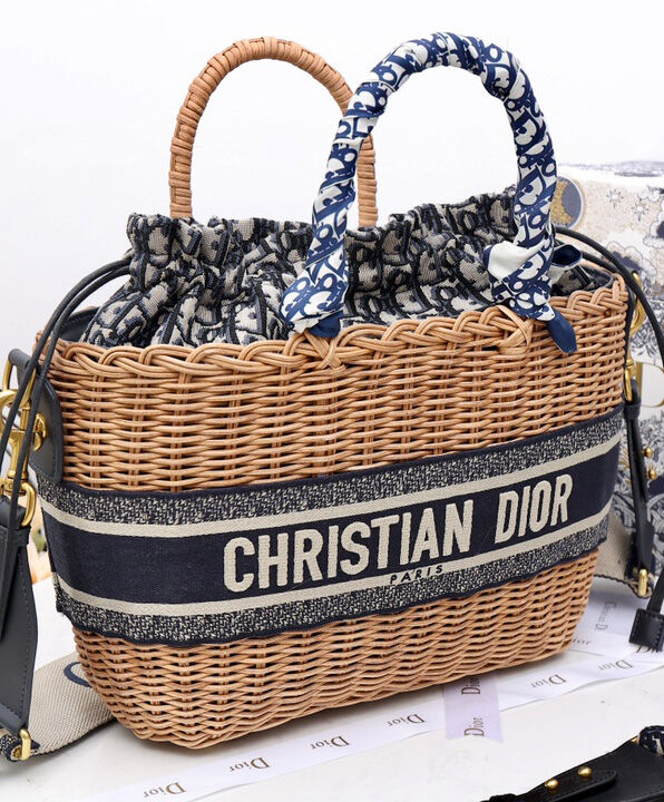 Christian Dior Wicker Basket Canvas with Leather Bag Apricot